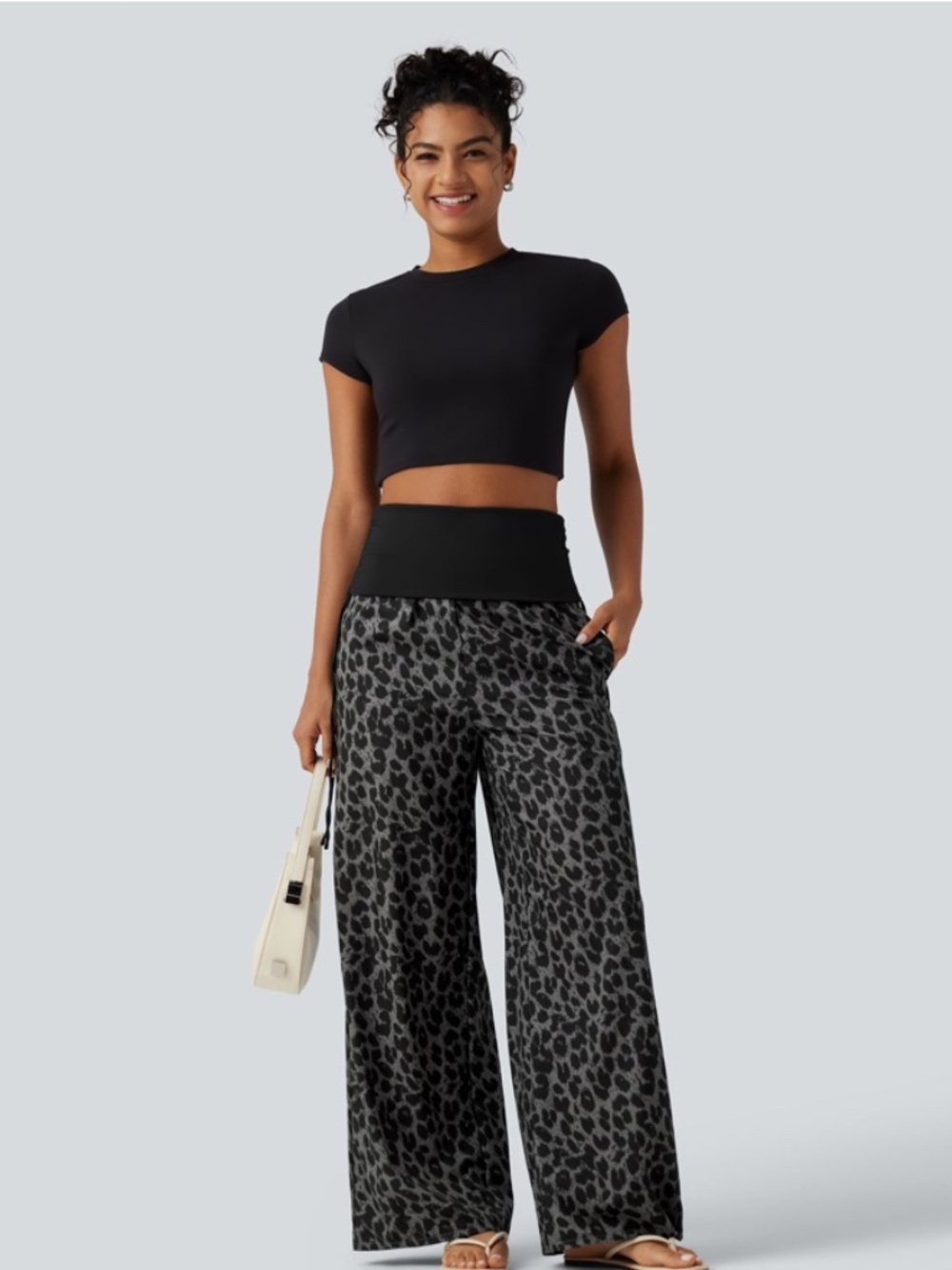 HALARA Foldover High Waisted Ruched Drawstring Baggy Leopard Print Casual Pants